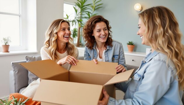 Three women happily unpacking a cardboard box in a bright living room