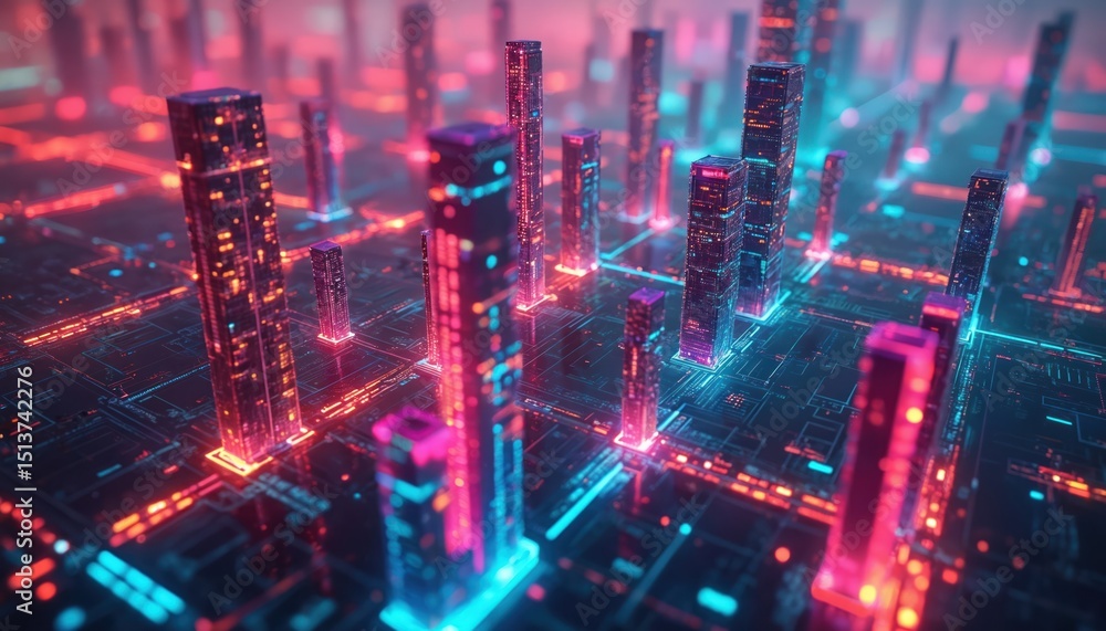 Leinwandbilder Abstract data visualization concept illustration. Digital cityscape, futuristic tech design with data streams, glowing lines. Modern innovation, big data, ai, future tech. Technology, business,