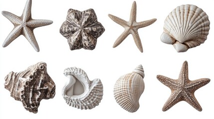 High-res set of seashells and starfish, isolated on white for summer or vacation-themed designs.