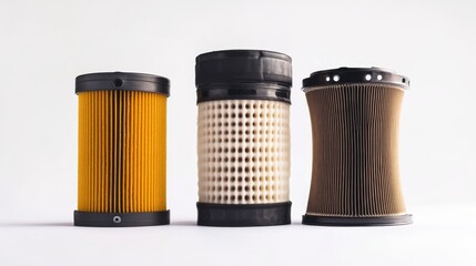 Isolated car filters (air, fuel, oil) for vehicle servicing and maintenance use, on white background. 