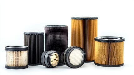 Isolated car filters (air, fuel, oil) for vehicle servicing and maintenance use, on white background. 