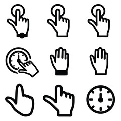 Fototapeta premium Hand gestures and time icons in black and white vector format