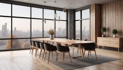 Fototapeta premium Modern dining room with large empty wall on the left, wooden furniture, and wide windows overlooking a cityscape,, created with generative ai