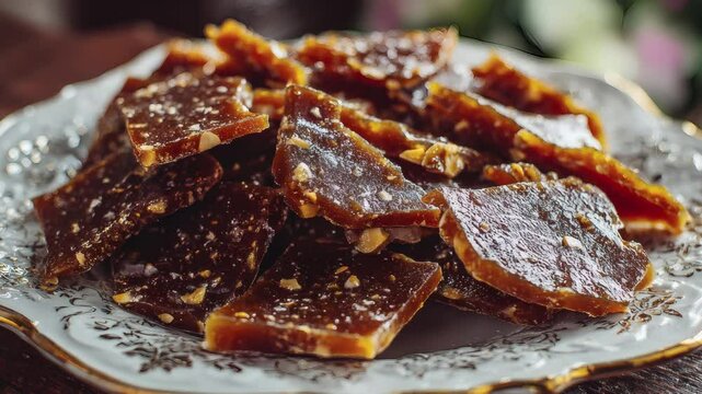 P&eacute; de moleque, brazilian food, a tempting pile of homemade nut brittle rests on an ornate plate, promising a sweet and crunchy treat with every delicious bite. (zoom out)