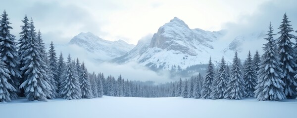 Majestic winter mountain landscape with snow-covered peaks and frosty pine trees. Misty scenery, natural scenic panoramic view in cold weather. Serene wilderness with ice and frost.