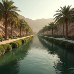 Obraz premium Scenic view in Neom Saudi Arabia. Water canal with palm trees, mountains in the background. Future city project in Tabuk, modern eco-friendly oasis with sustainable architecture.