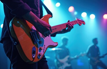 Obraz premium Close-up illustration of guitarist playing electric guitar on stage in nightclub. Man performs live music at concert. Rock band performs in dark, with colorful lights. Solo musician with instrument.