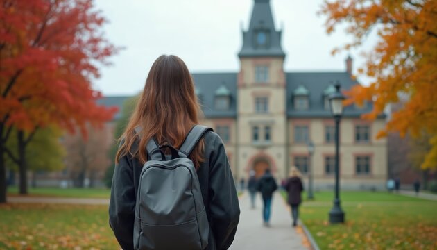 Young international student facing university building. Woman with backpack walks through campus during autumn season. Study abroad, education in Canada, adapting to new environment. Academic life in