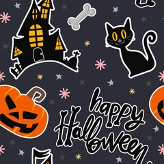 Halloween seamless pattern - creepy pumpkin lanterns with scary faces, traditional holiday halloween symbols ,seamless texture