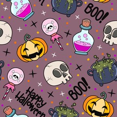 Halloween seamless pattern - creepy pumpkin lanterns with scary faces, traditional holiday halloween symbols ,seamless texture