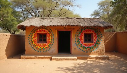 Traditional Indian village hut made clay thatch roof. Colorful patterns adorn walls, windows. Scene portrays rural lifestyle, cultural heritage. Bright daylight scene depicts history culture India.