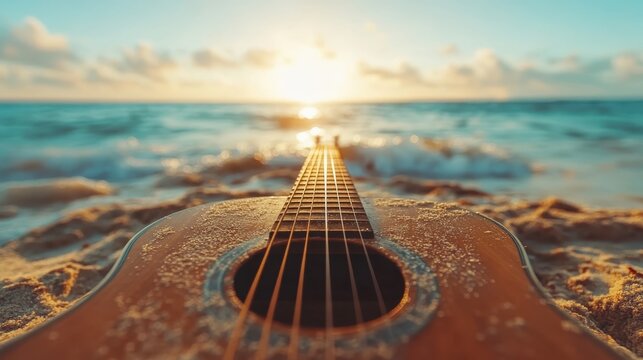 An acoustic guitar resting on sandy shores by the beach during sunset, encapsulating the essence of serenity, music, and the beauty of nature in a picturesque coastal scene.