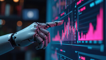 Robotic hand pointing financial data chart on screen. AI robot analyses stock market growth, future finance, tech. Concept of digital transformation, automation, investment. Futuristic industry.