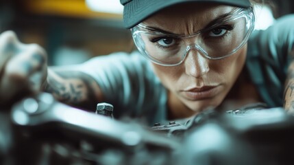 A dedicated female mechanic leans in intently, showing focus and determination as she expertly works on a complex engine, embodying strength and skill in the trade.