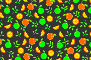 Seamless pattern citrus slices and orange fruit. Set of citrus slices and orange fruits. Citrus slices and leaves illustration collection. Orange fruit pattern background. Seamless pattern of lemon.