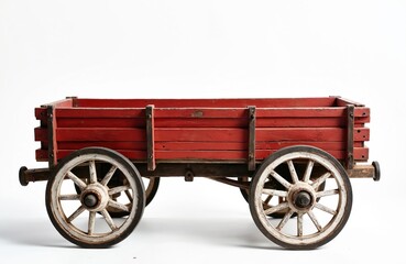 Fototapeta premium Vintage red wood rail wagon on white background. Toy cart with four wheels. Rustic, antique design, wooden toy. Decorative element, classic style. Childhood memories, toy shop illustration.