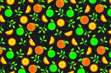 Seamless pattern citrus slices and orange fruit. Set of citrus slices and orange fruits. Citrus slices and leaves illustration collection. Orange fruit pattern background. Seamless pattern of lemon.