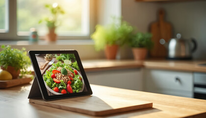 displaying healthy recipe on kitchen counter with fresh salad, strawberries. Modern tech device in cooking. Tablet pc with food dish. Cooking, diet tech. Digital screen with recipe in kitchen