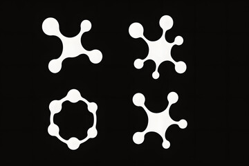 Abstract futuristic molecular tech symbols on black background, digital biology shapes, neural science logos, high-tech innovation icons, cyber atomic connection designs for science technology interfa