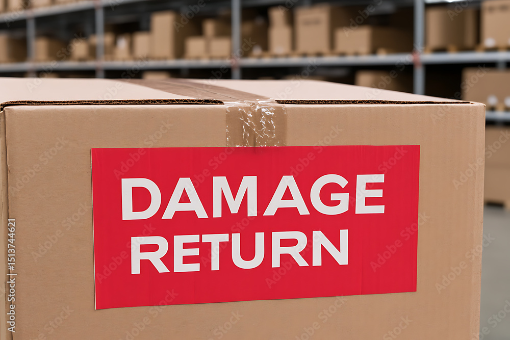 Poster damaged return package: a close-up shot of a cardboard box with a red label indicating 'damage retur