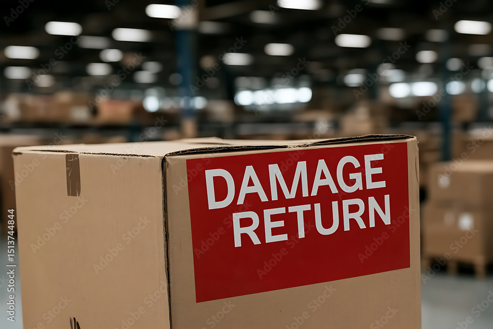 Poster damaged return in a warehouse, ready for processing. the focus is on the red label which clearly sta