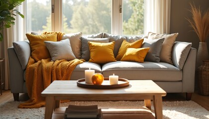 Obraz premium Cozy living room interior with comfortable sofa, decorative cushions, warm blanket. Modern design features table, candles, natural light, plants. Relaxation, home decor, residential apartment