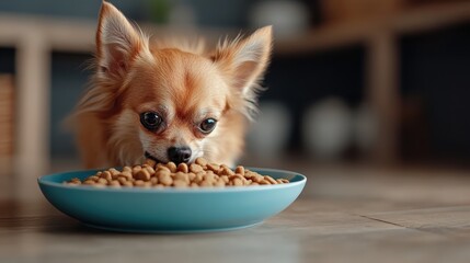 Naklejka na ściany i meble A small, fluffy Chihuahua intensely focused on its bowl of kibble, capturing the essence of pets and their unwavering devotion to enjoying their meals and comfort.