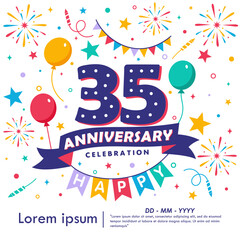 35th years anniversary celebration emblem. congratulations anniversary logo isolated with balloons, bunting flag, ribbon, fireworks and stars. vector illustration template design	