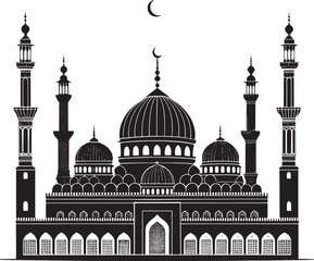 medieval islamic palace, arabic architecture, islamic mosque, intricate dome, detailed minarets, black and white, highly detailed, hyper realistic, architectural illustration, cinematic lighting, dram
