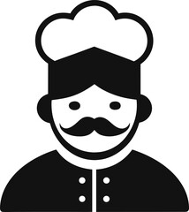 A solid black icon of a chef with a classic hat, mustache, and uniform collar.
