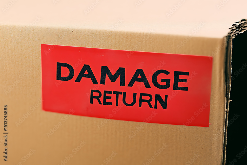 Poster damaged return label: a red label on a cardboard box indicates the item is damaged and should be ret