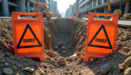 Danger signage warns hazards at construction site. Excavation trench highlighted, showing risk. Urban infrastructure development. Construction equipment in background. Safety, risk, caution concept.