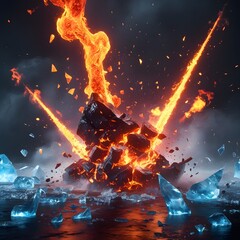 Fototapeta premium Exploding fire and ice elements collide amidst a dark backdrop, with molten lava shards and ice shards scattering.