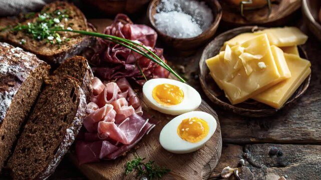 Rustic breakfast board featuring artisan bread, cured meats, cheese, and perfectly boiled eggs on a weathered wooden surface. (zoom out)