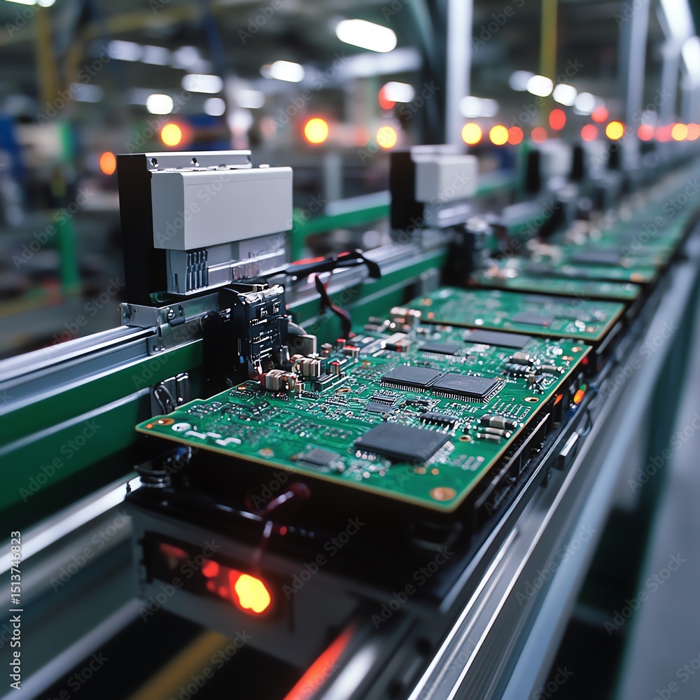 Poster Electronics manufacturing facility displaying circuit board assemblies on a conveyor.  high resolution   for isolate image