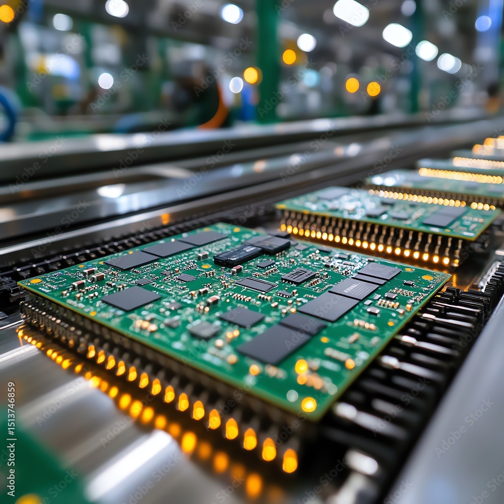 Poster Electronics manufacturing facility displaying circuit board assemblies on a conveyor.  high resolution   for isolate image