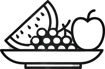 A clean black outlined vector icon of a fruit plate. Include a slice of watermelon, grapes, and an apple on a shallow plate, all in a modern, minimal line-art style.