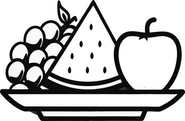 A clean black outlined vector icon of a fruit plate. Include a slice of watermelon, grapes, and an apple on a  plate, all in a modern, minimal line-art style.