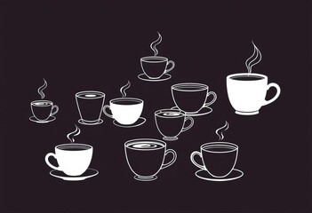 Single-line vector drawing of various coffee cups, elegant continuous line art,  latte,  cappuccino