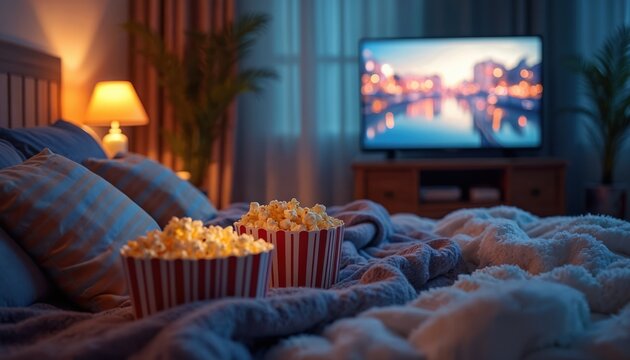 Cozy night home concept. Comfortable bed, fluffy blankets, popcorn, TV. Evening relaxation, watching film, movie night, leisure time, casual atmosphere. Home entertainment, movie, snack, enjoyment,