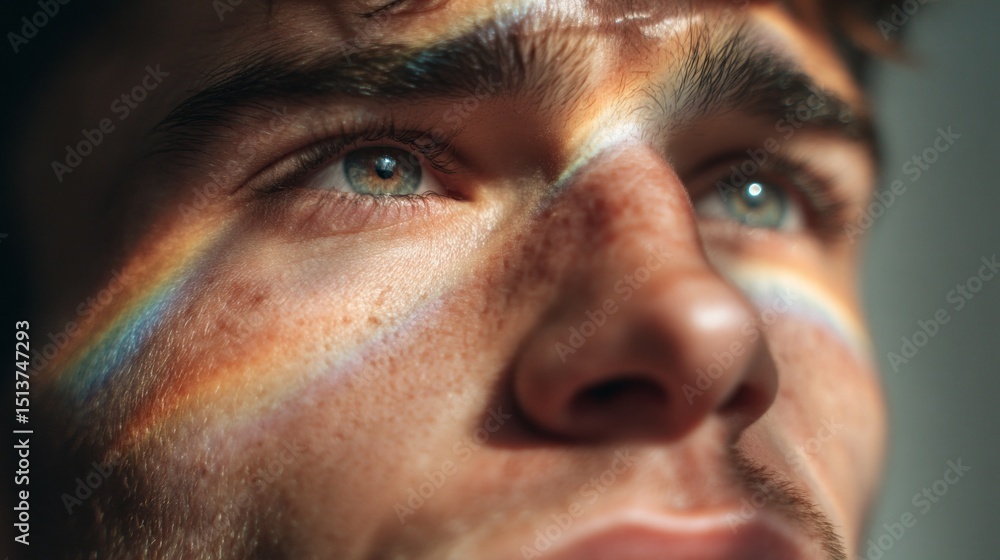 Aufkleber a close-up of a young man's face highlights the play of light from a prism lens, creating colorful r