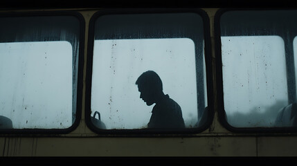 A silhouette of a person is cast through rain-streaked windows, creating a somber, introspective atmosphere. Gloomy weather outside enhances the mood.
