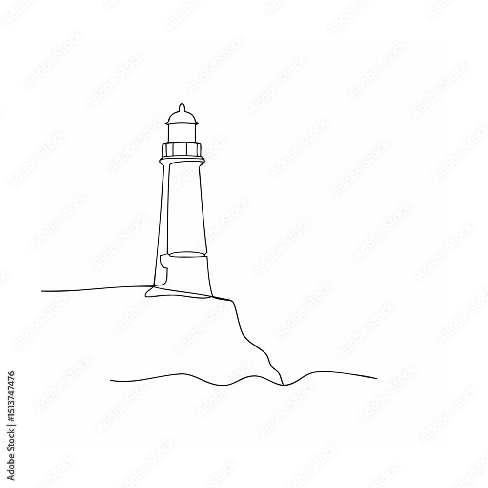 Poster minimalist continuous line drawing of a lighthouse on a cliff with ocean waves