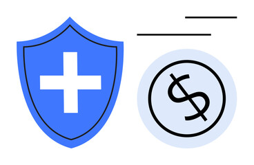 Fototapeta premium Blue shield with cross signifying protection and safety paired with a dollar symbol inside a circle for financial stability. Ideal for insurance, healthcare, savings, investment, budget planning