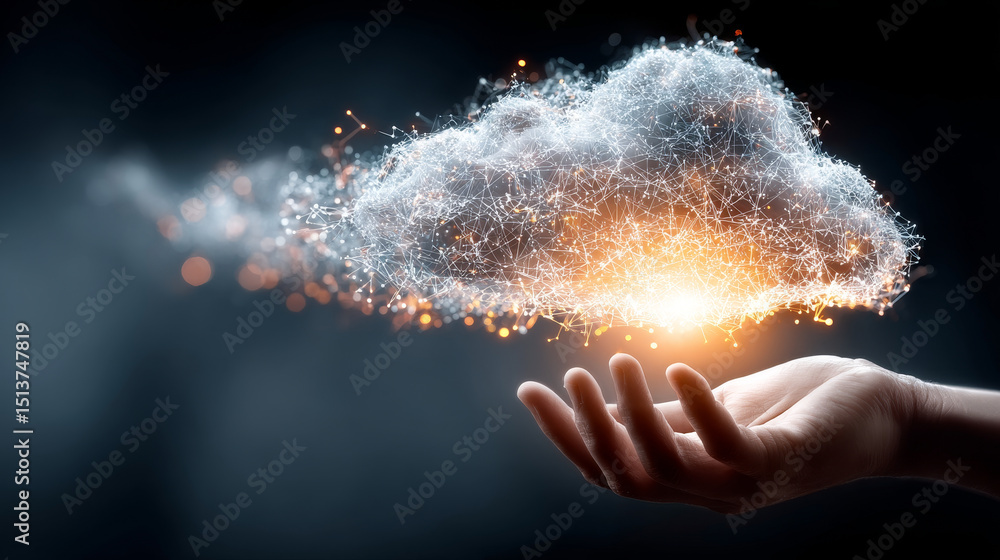 Poster saas: software as a service, cloud solutions, hand of robotic holding glowing saas in light bulb on 