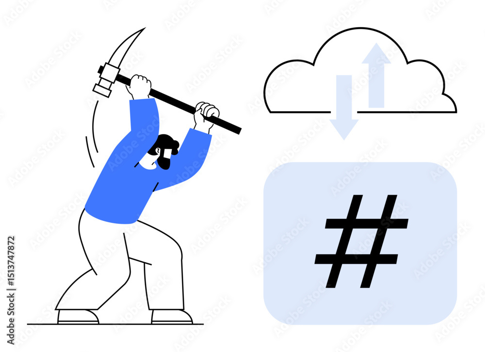 Aufkleber person wielding pickaxe symbolizing data mining, standing beside cloud sync and metadata tag icons. 