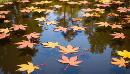 Colorful autumn leaves floating on calm water surface in nature  