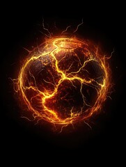 Fiery, cracked sphere pulsating with intense orange and yellow energy, surrounded by crackling electricity against a black backdrop