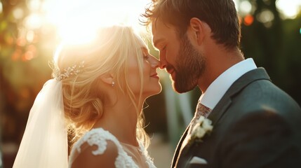 A bride and groom share a tender moment with foreheads touching during a breathtaking sunset, capturing the essence of love, commitment, and the beauty of their special day.