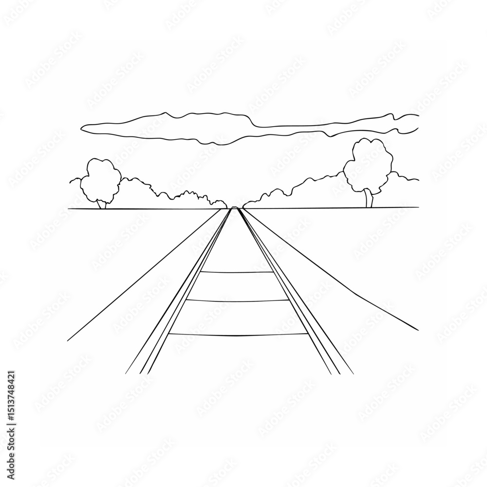 Poster line drawing of a railroad track extending into the distance with landscape scenery